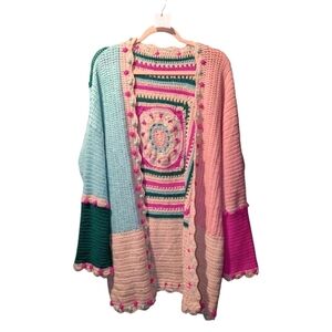 27" Ptp • Hand Crafted • Colourful Pink and Teal Cardigan Circular Motif On Back